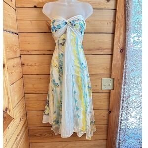 Monsoon Silk Strapless Floral Midi Dress Metallic Iridescent Boned Bodice 16 44